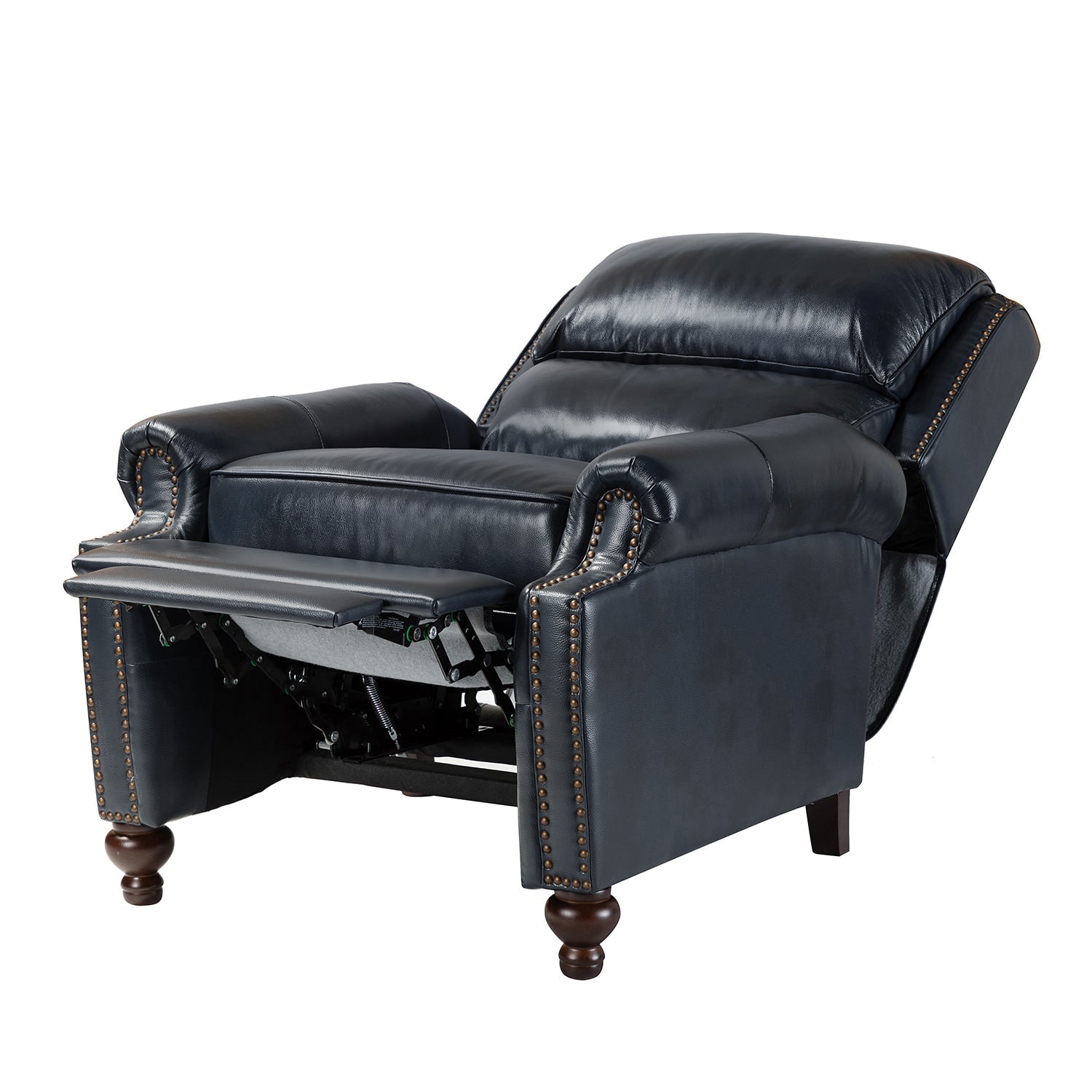 Fauteuil inclinable manuel en cuir véritable avec accoudoirs roulés, clous décoratifs, assise à ressorts sinueux et pieds tournés en bois de bouleau | Marron / Camel / Beige / Noir / Bleu marine / Vert / Bordeaux | Siège simple