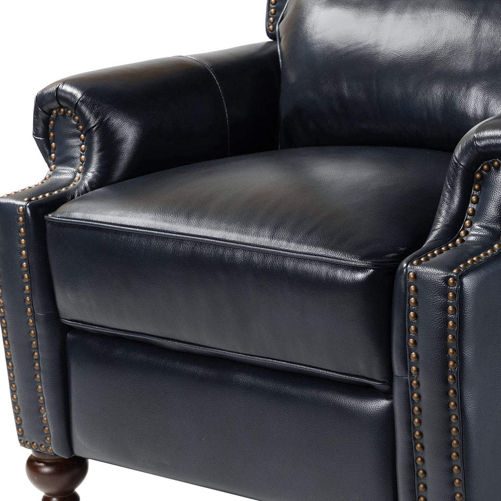 Fauteuil inclinable manuel en cuir véritable avec accoudoirs roulés, clous décoratifs, assise à ressorts sinueux et pieds tournés en bois de bouleau | Marron / Camel / Beige / Noir / Bleu marine / Vert / Bordeaux | Siège simple