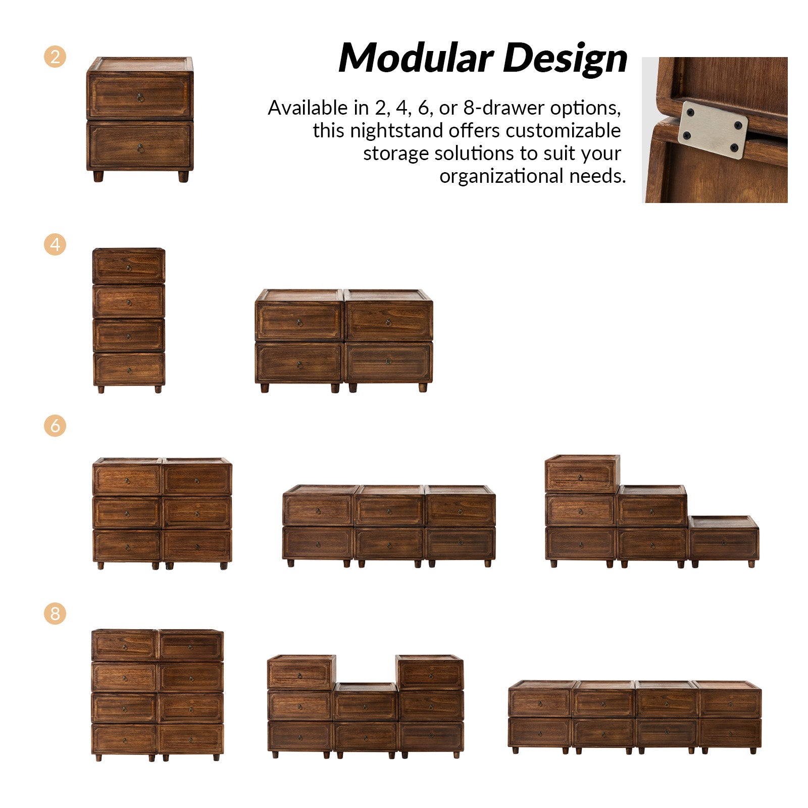 Table de chevet à tiroirs modulaires avec glissières en bois de paulownia et poignées en bronze antique | Bleu / Noyer / Noir | 2 / 4 / 6 / 8 Tiroirs