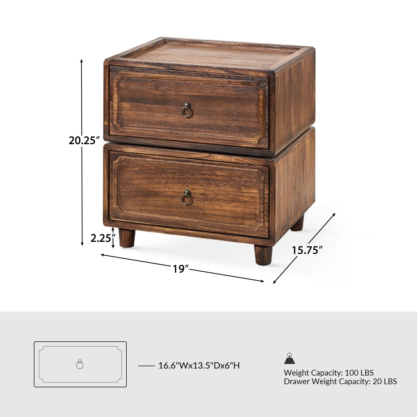 Table de chevet à tiroirs modulaires avec glissières en bois de paulownia et poignées en bronze antique | Bleu / Noyer / Noir | 2 / 4 / 6 / 8 Tiroirs