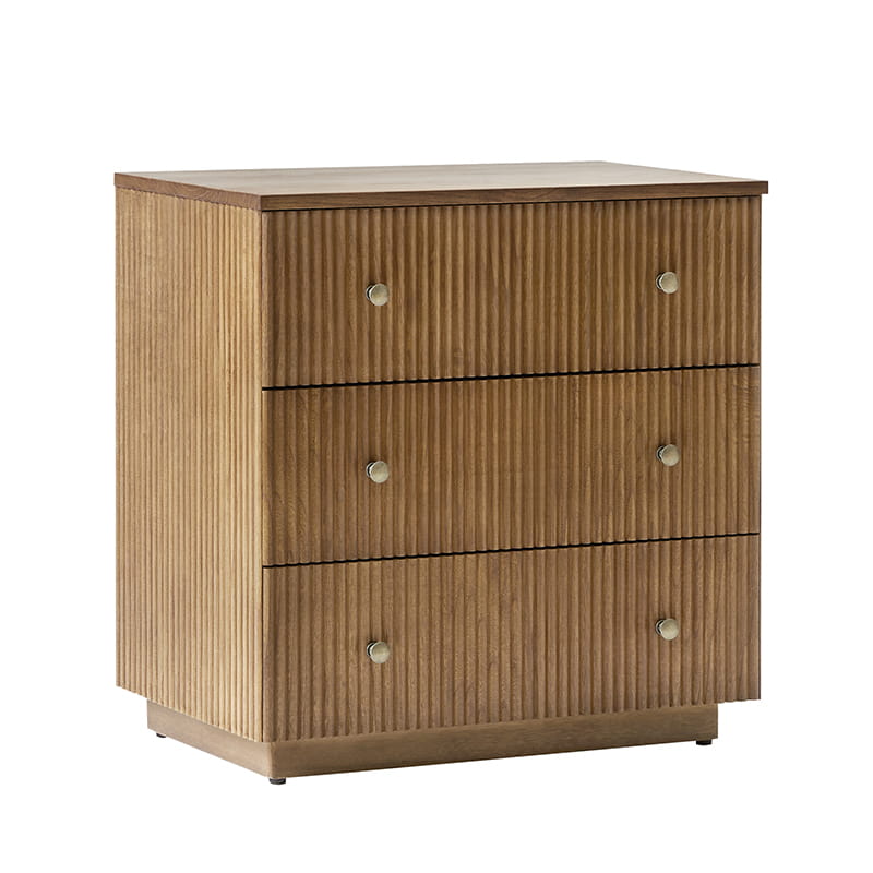 Table de chevet 3 tiroirs en bois massif avec façades de tiroirs cannelées et station de charge intégrée | Chêne / Noyer / Charbon | Unité