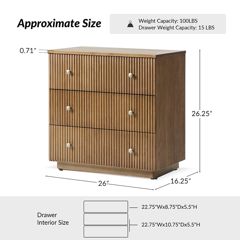 Table de chevet 3 tiroirs en bois massif avec façades de tiroirs cannelées et station de charge intégrée | Chêne / Noyer / Charbon | Unité