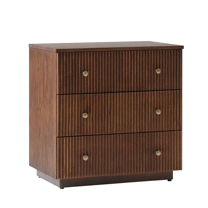 Table de chevet 3 tiroirs en bois massif avec façades de tiroirs cannelées et station de charge intégrée | Chêne / Noyer / Charbon | Unité