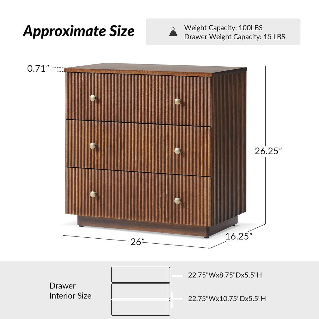 Table de chevet 3 tiroirs en bois massif avec façades de tiroirs cannelées et station de charge intégrée | Chêne / Noyer / Charbon | Unité