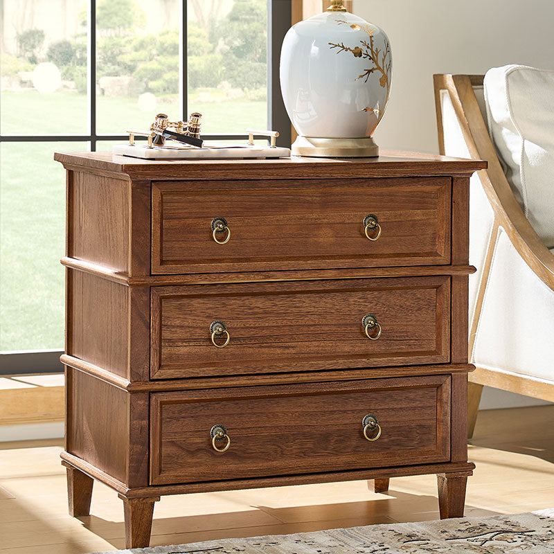 Table de chevet 3 tiroirs en bois massif avec prises de courant intégrées et ports USB | Charbon / Noyer / Cerisier | Unité individuelle