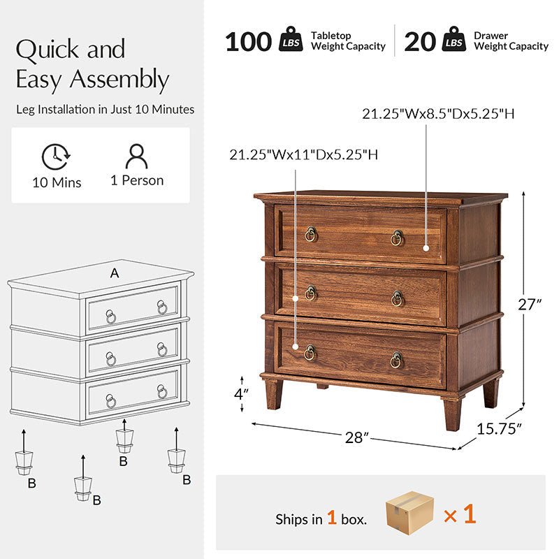 Table de chevet 3 tiroirs en bois massif avec prises de courant intégrées et ports USB | Charbon / Noyer / Cerisier | Unité individuelle