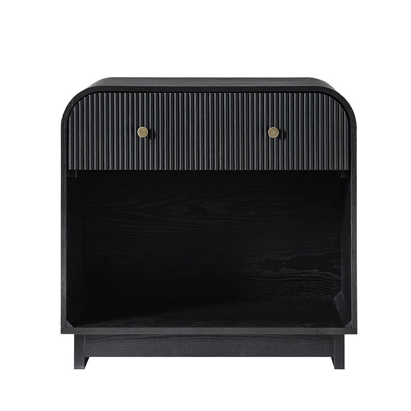 Table de chevet arquée à 1 tiroir de 68 cm avec façade cannelée, niche ouverte et port USB intégré | Chêne / Noyer / Noir | Simple