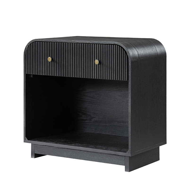 Table de chevet arquée à 1 tiroir de 68 cm avec façade cannelée, niche ouverte et port USB intégré | Chêne / Noyer / Noir | Simple