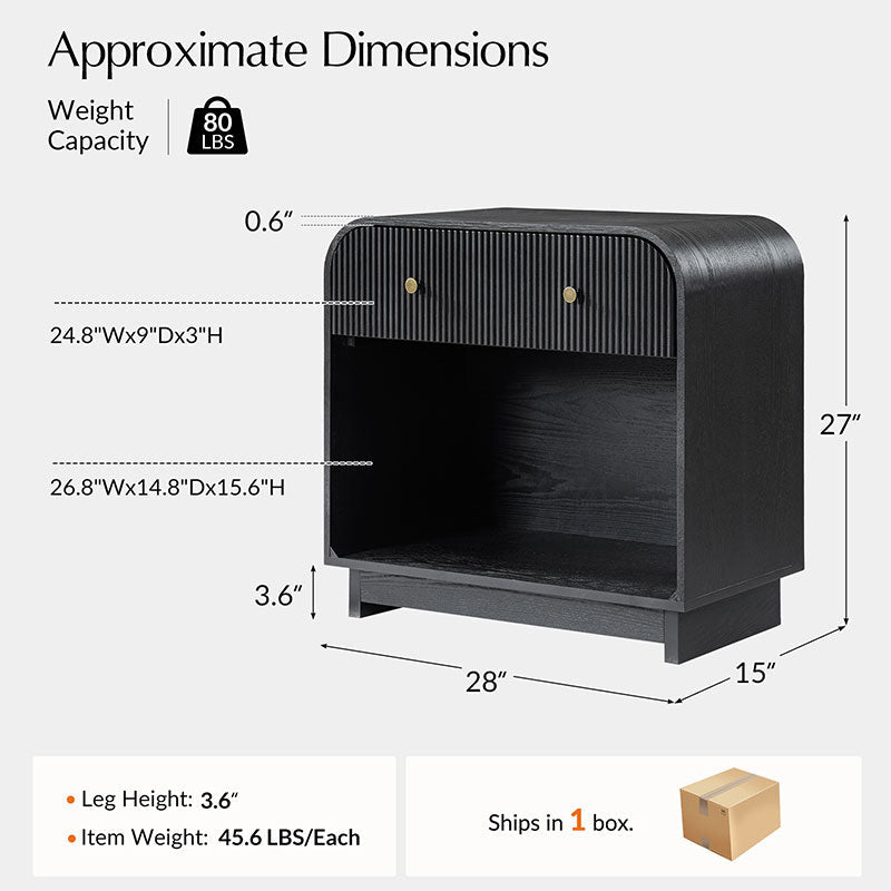 Table de chevet arquée à 1 tiroir de 68 cm avec façade cannelée, niche ouverte et port USB intégré | Chêne / Noyer / Noir | Simple