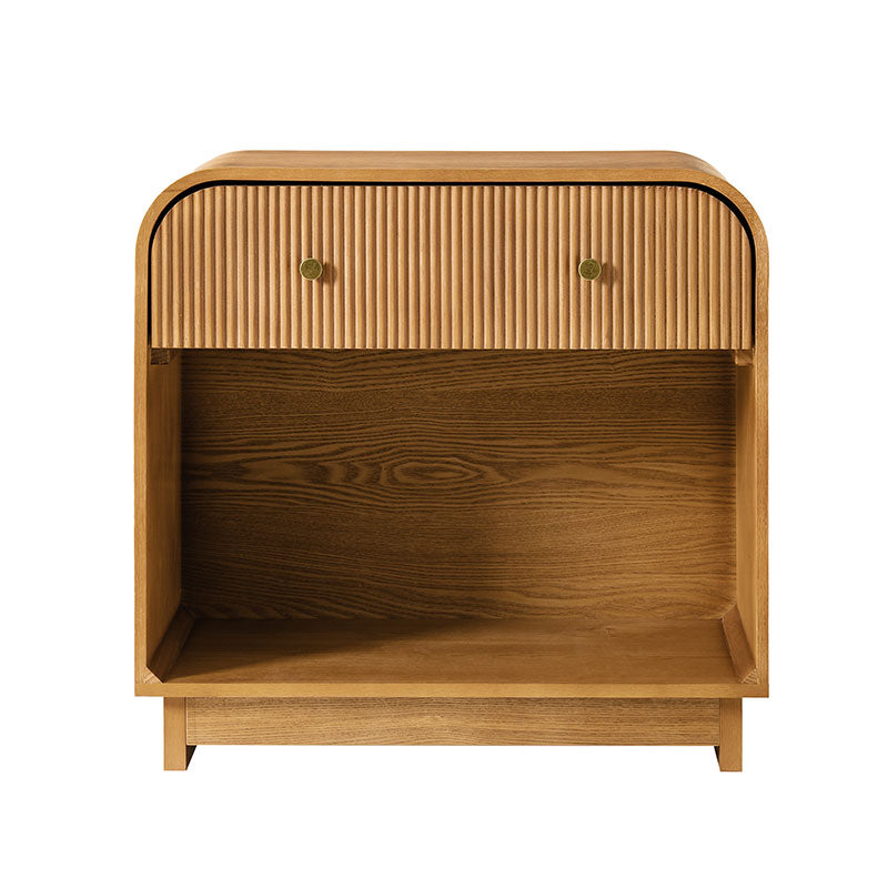 Table de chevet arquée à 1 tiroir de 68 cm avec façade cannelée, niche ouverte et port USB intégré | Chêne / Noyer / Noir | Simple