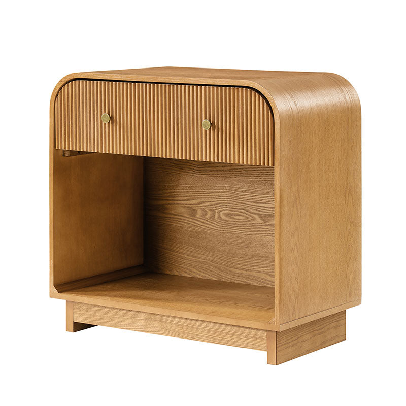 Table de chevet arquée à 1 tiroir de 68 cm avec façade cannelée, niche ouverte et port USB intégré | Chêne / Noyer / Noir | Simple
