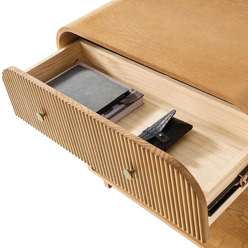 Table de chevet arquée à 1 tiroir de 68 cm avec façade cannelée, niche ouverte et port USB intégré | Chêne / Noyer / Noir | Simple