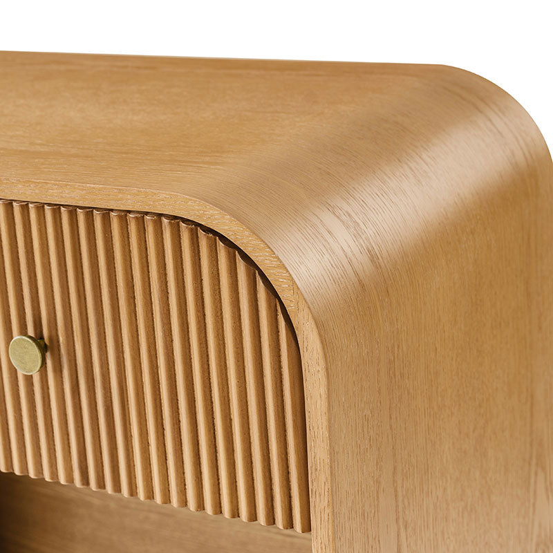 Table de chevet arquée à 1 tiroir de 68 cm avec façade cannelée, niche ouverte et port USB intégré | Chêne / Noyer / Noir | Simple