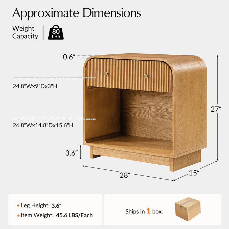 Table de chevet arquée à 1 tiroir de 68 cm avec façade cannelée, niche ouverte et port USB intégré | Chêne / Noyer / Noir | Simple