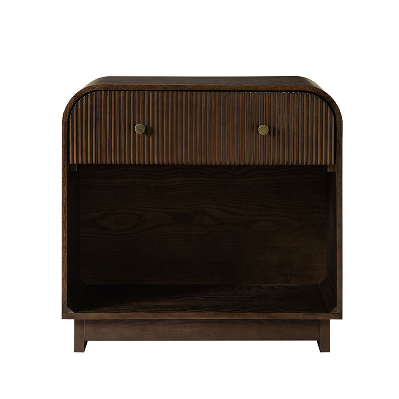 Table de chevet arquée à 1 tiroir de 68 cm avec façade cannelée, niche ouverte et port USB intégré | Chêne / Noyer / Noir | Simple