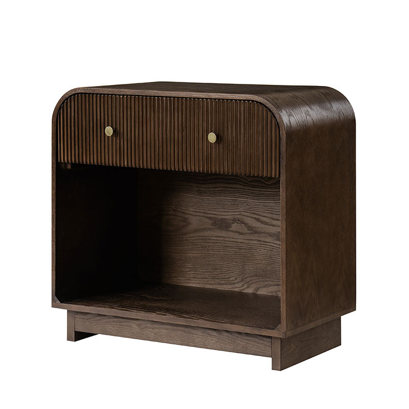 Table de chevet arquée à 1 tiroir de 68 cm avec façade cannelée, niche ouverte et port USB intégré | Chêne / Noyer / Noir | Simple