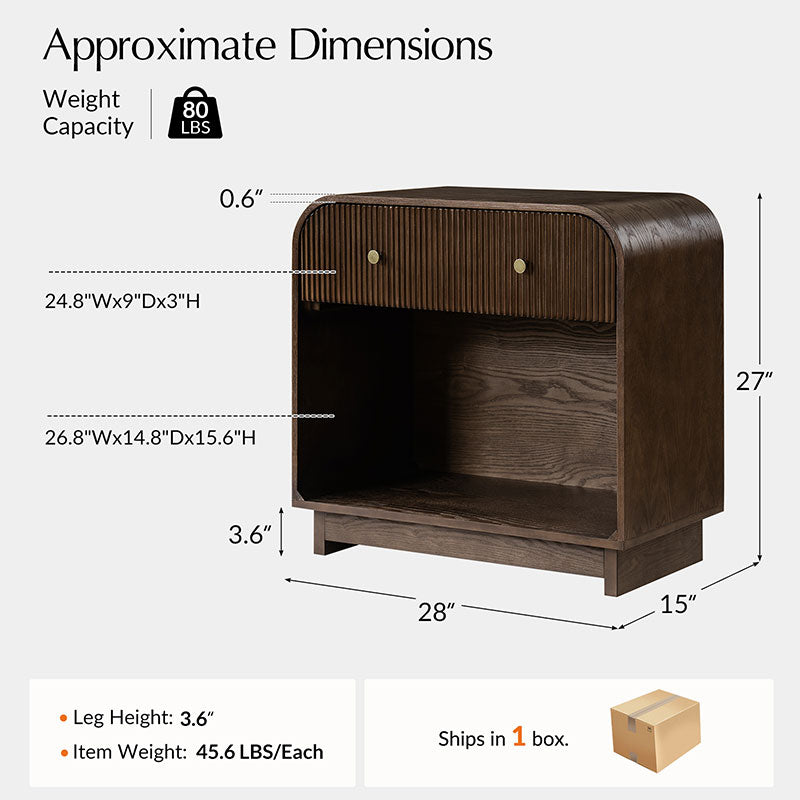 Table de chevet arquée à 1 tiroir de 68 cm avec façade cannelée, niche ouverte et port USB intégré | Chêne / Noyer / Noir | Simple
