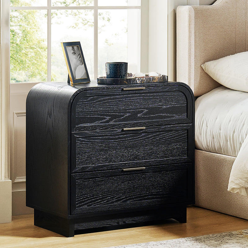 Table de chevet arquée à 3 tiroirs avec pieds en bois massif et port de recharge USB intégré | Chêne / Noyer / Noir | Unité