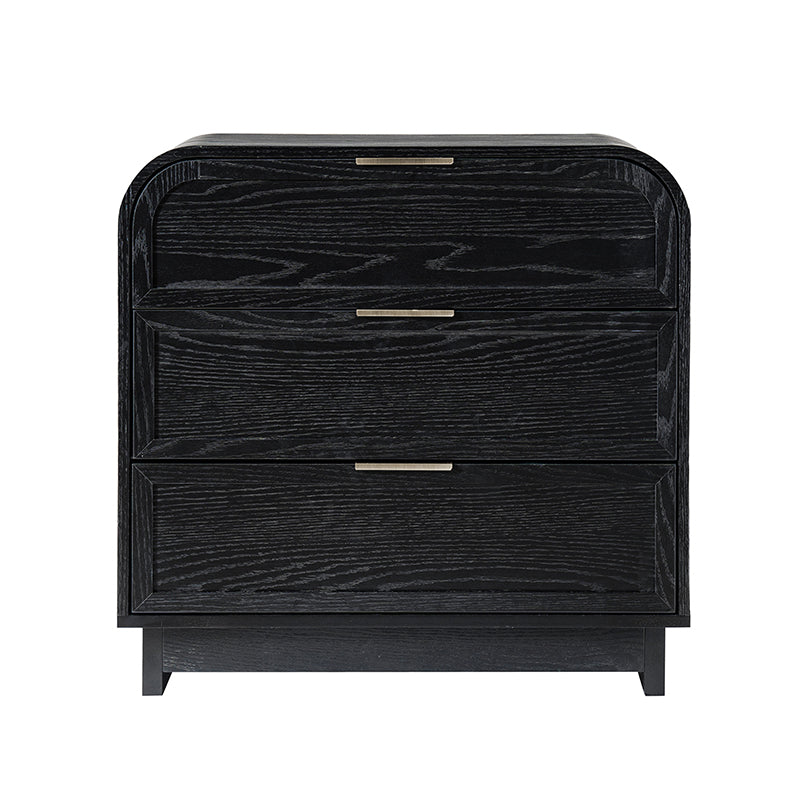 Table de chevet arquée à 3 tiroirs avec pieds en bois massif et port de recharge USB intégré | Chêne / Noyer / Noir | Unité