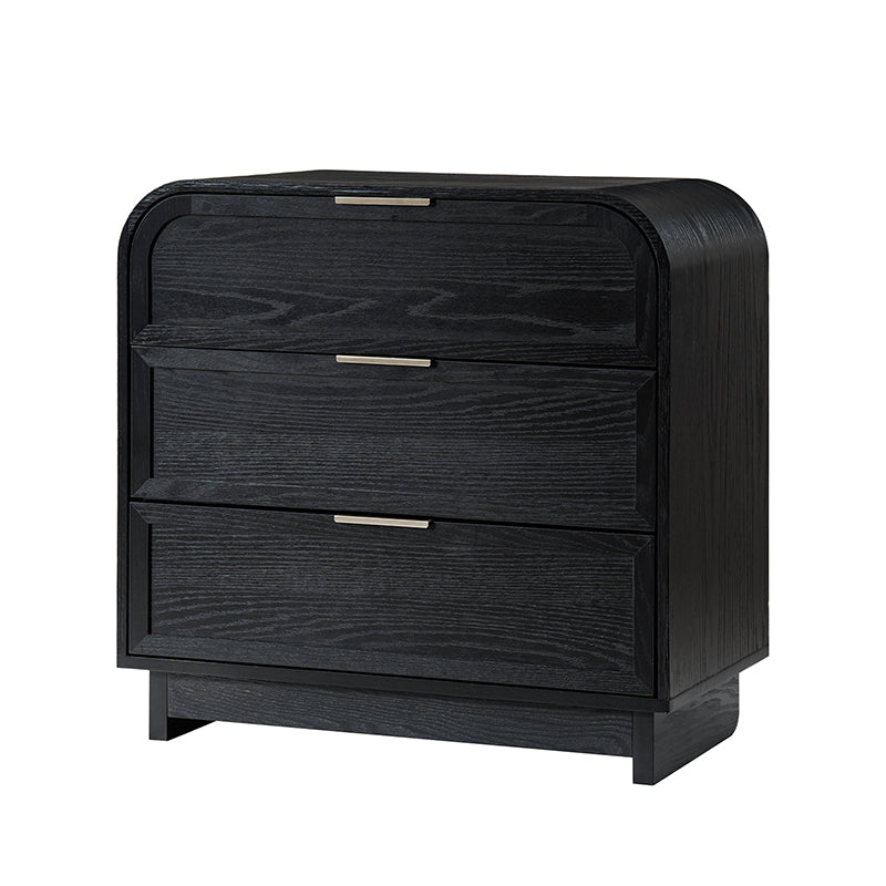 Table de chevet arquée à 3 tiroirs avec pieds en bois massif et port de recharge USB intégré | Chêne / Noyer / Noir | Unité