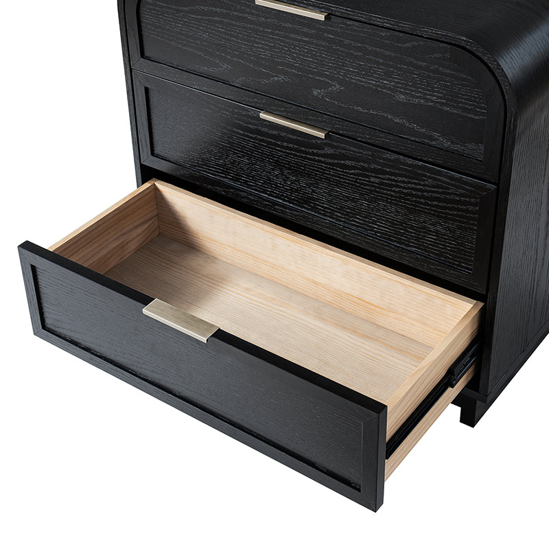 Table de chevet arquée à 3 tiroirs avec pieds en bois massif et port de recharge USB intégré | Chêne / Noyer / Noir | Unité