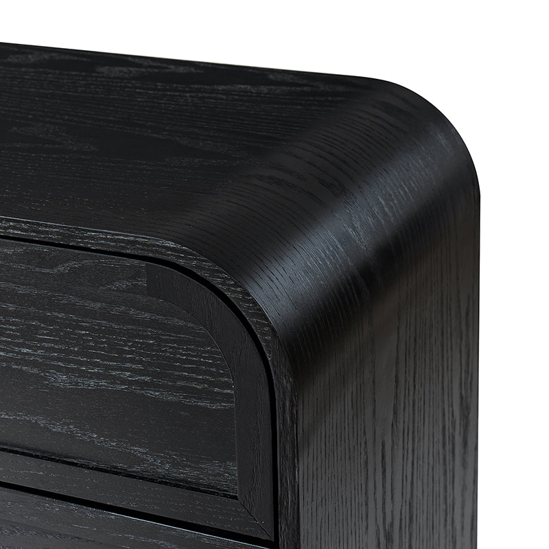 Table de chevet arquée à 3 tiroirs avec pieds en bois massif et port de recharge USB intégré | Chêne / Noyer / Noir | Unité
