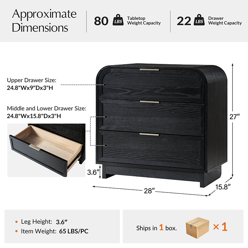 Table de chevet arquée à 3 tiroirs avec pieds en bois massif et port de recharge USB intégré | Chêne / Noyer / Noir | Unité