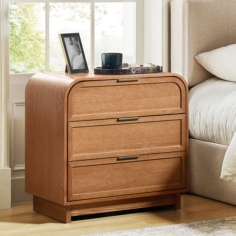 Table de chevet arquée à 3 tiroirs avec pieds en bois massif et port de recharge USB intégré | Chêne / Noyer / Noir | Unité