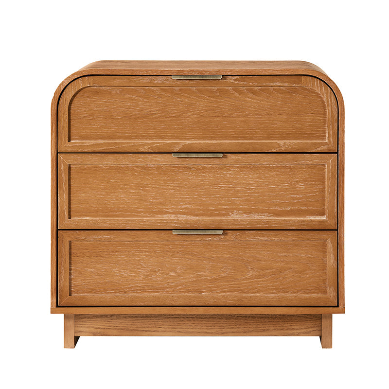 Table de chevet arquée à 3 tiroirs avec pieds en bois massif et port de recharge USB intégré | Chêne / Noyer / Noir | Unité