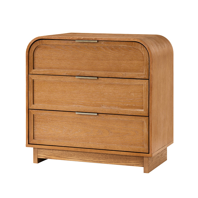 Table de chevet arquée à 3 tiroirs avec pieds en bois massif et port de recharge USB intégré | Chêne / Noyer / Noir | Unité