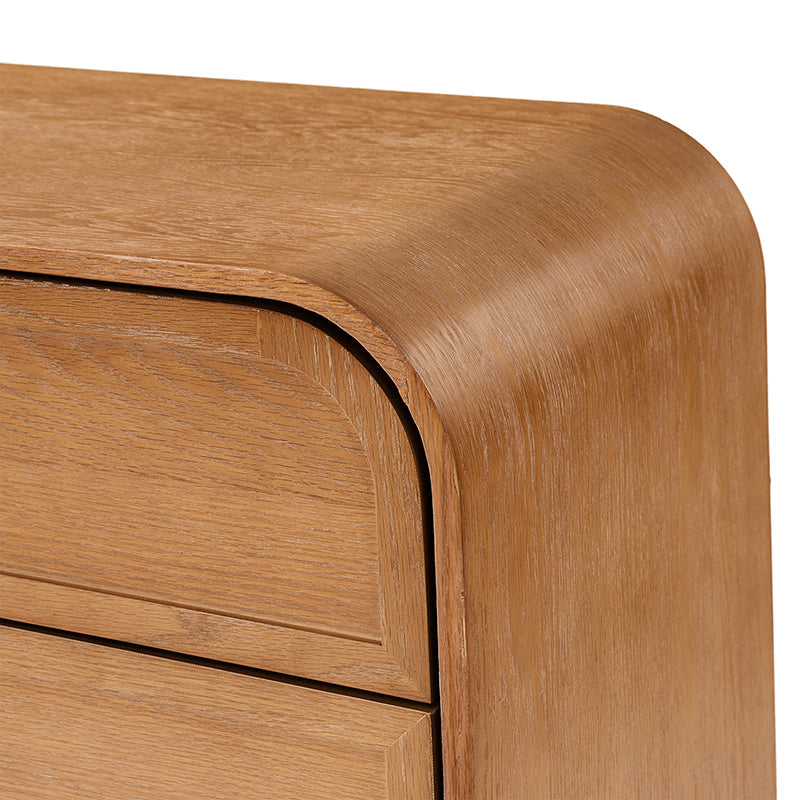 Table de chevet arquée à 3 tiroirs avec pieds en bois massif et port de recharge USB intégré | Chêne / Noyer / Noir | Unité