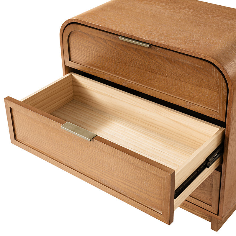 Table de chevet arquée à 3 tiroirs avec pieds en bois massif et port de recharge USB intégré | Chêne / Noyer / Noir | Unité