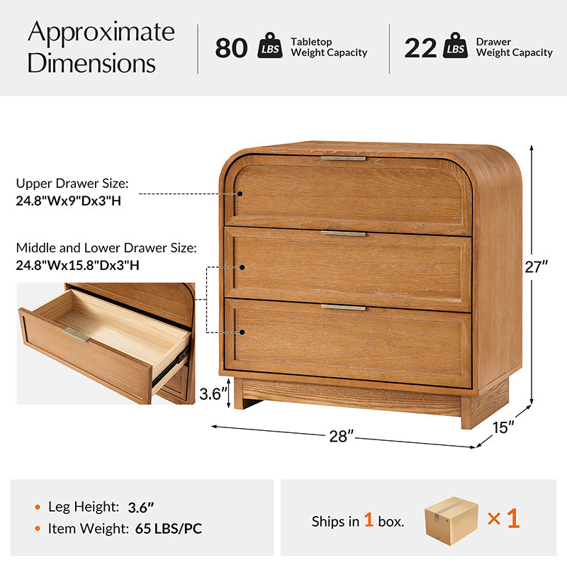 Table de chevet arquée à 3 tiroirs avec pieds en bois massif et port de recharge USB intégré | Chêne / Noyer / Noir | Unité