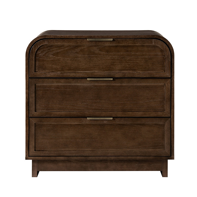 Table de chevet arquée à 3 tiroirs avec pieds en bois massif et port de recharge USB intégré | Chêne / Noyer / Noir | Unité