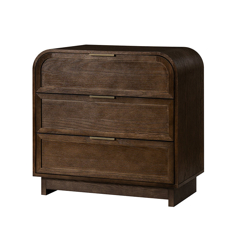 Table de chevet arquée à 3 tiroirs avec pieds en bois massif et port de recharge USB intégré | Chêne / Noyer / Noir | Unité
