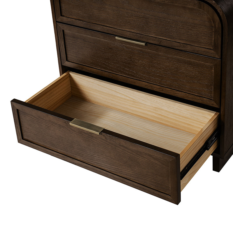 Table de chevet arquée à 3 tiroirs avec pieds en bois massif et port de recharge USB intégré | Chêne / Noyer / Noir | Unité