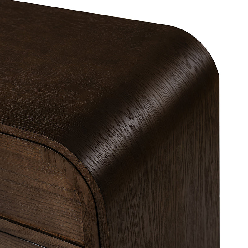 Table de chevet arquée à 3 tiroirs avec pieds en bois massif et port de recharge USB intégré | Chêne / Noyer / Noir | Unité
