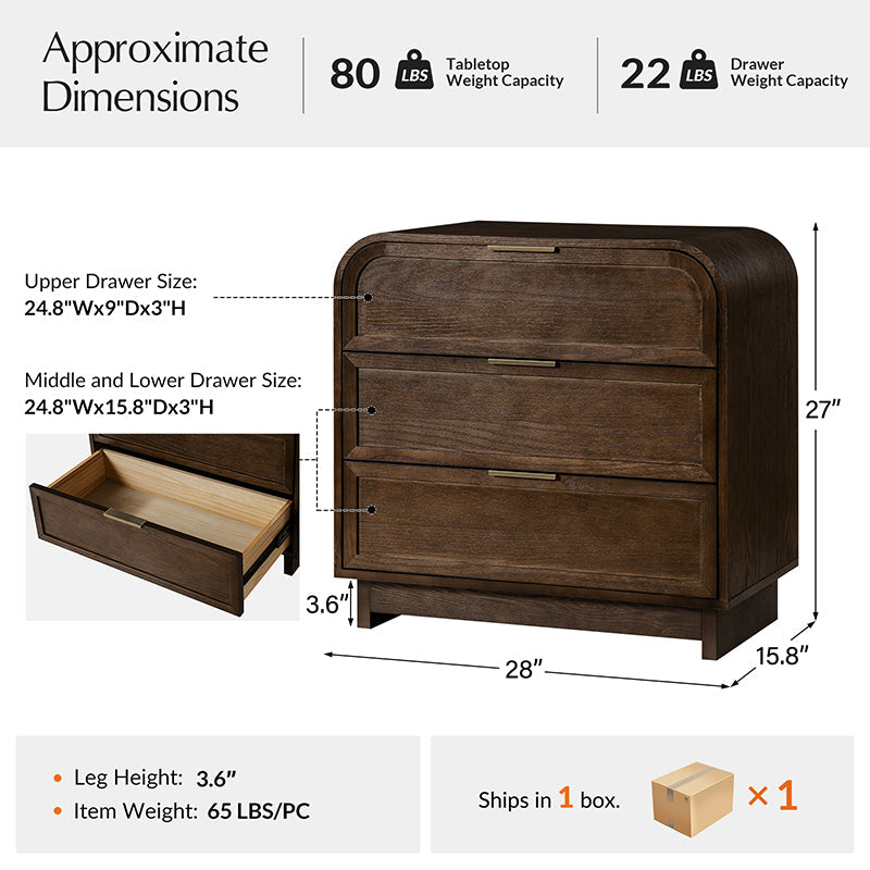 Table de chevet arquée à 3 tiroirs avec pieds en bois massif et port de recharge USB intégré | Chêne / Noyer / Noir | Unité