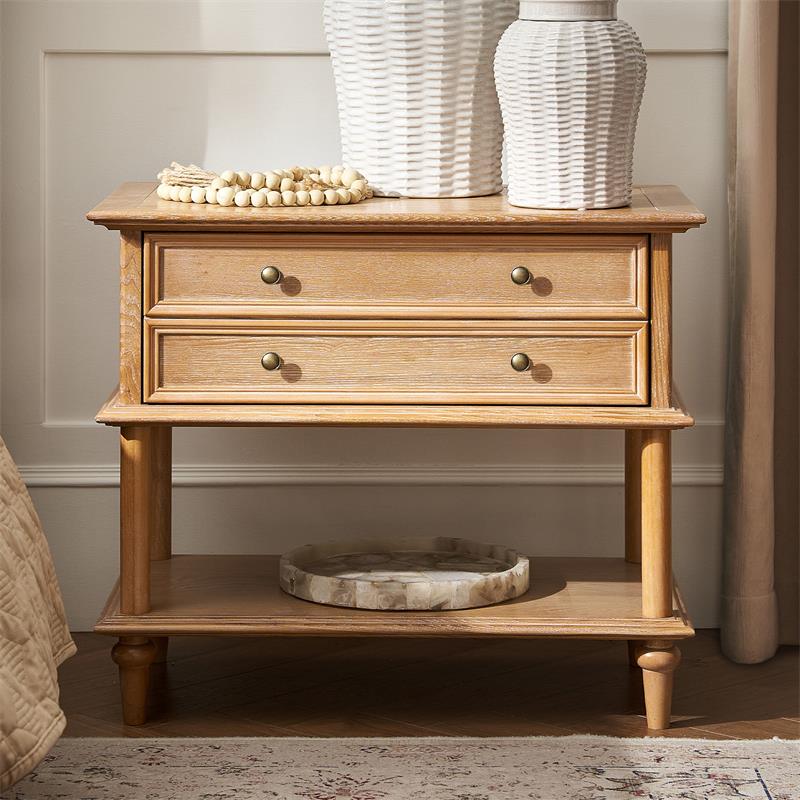 Table de chevet en placage de frêne avec façade à double tiroir factice, 1 tiroir et étagère ouverte | Noyer/Chêne | Simple
