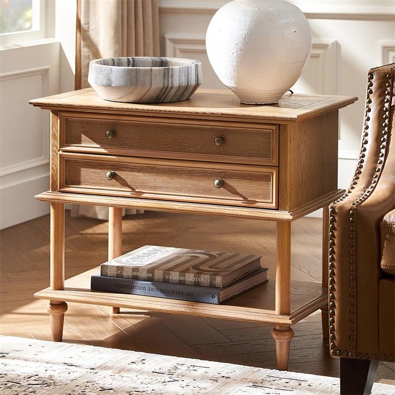 Table de chevet en placage de frêne avec façade à double tiroir factice, 1 tiroir et étagère ouverte | Noyer/Chêne | Simple