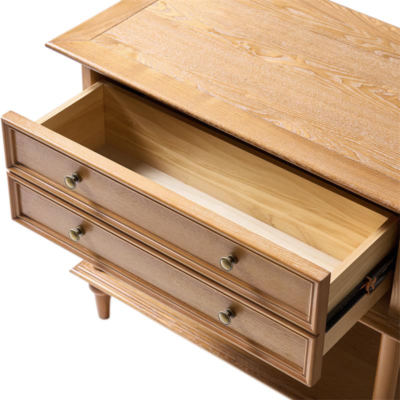 Table de chevet en placage de frêne avec façade à double tiroir factice, 1 tiroir et étagère ouverte | Noyer/Chêne | Simple