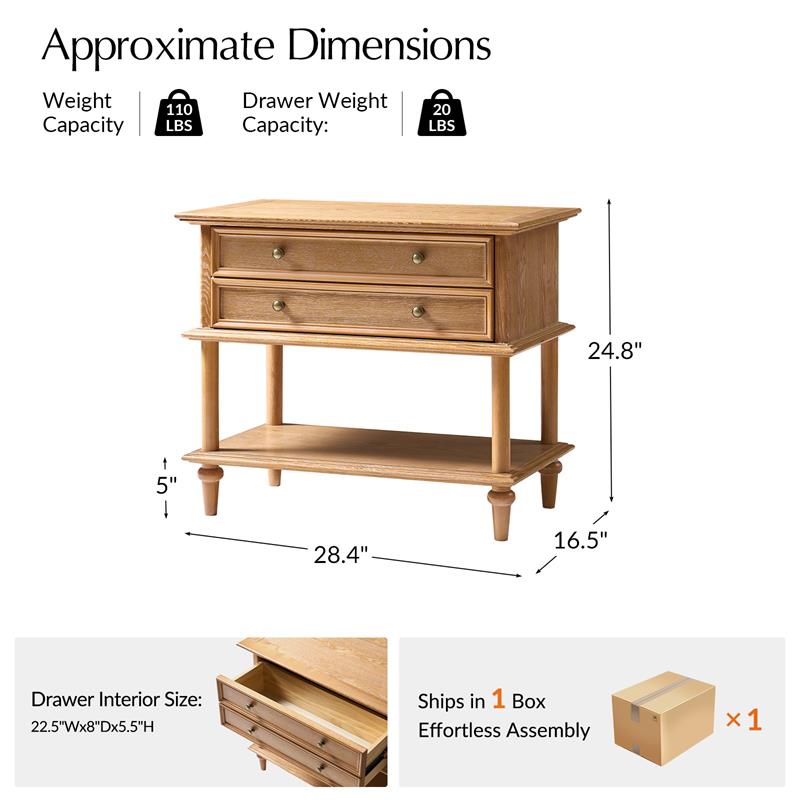 Table de chevet en placage de frêne avec façade à double tiroir factice, 1 tiroir et étagère ouverte | Noyer/Chêne | Simple