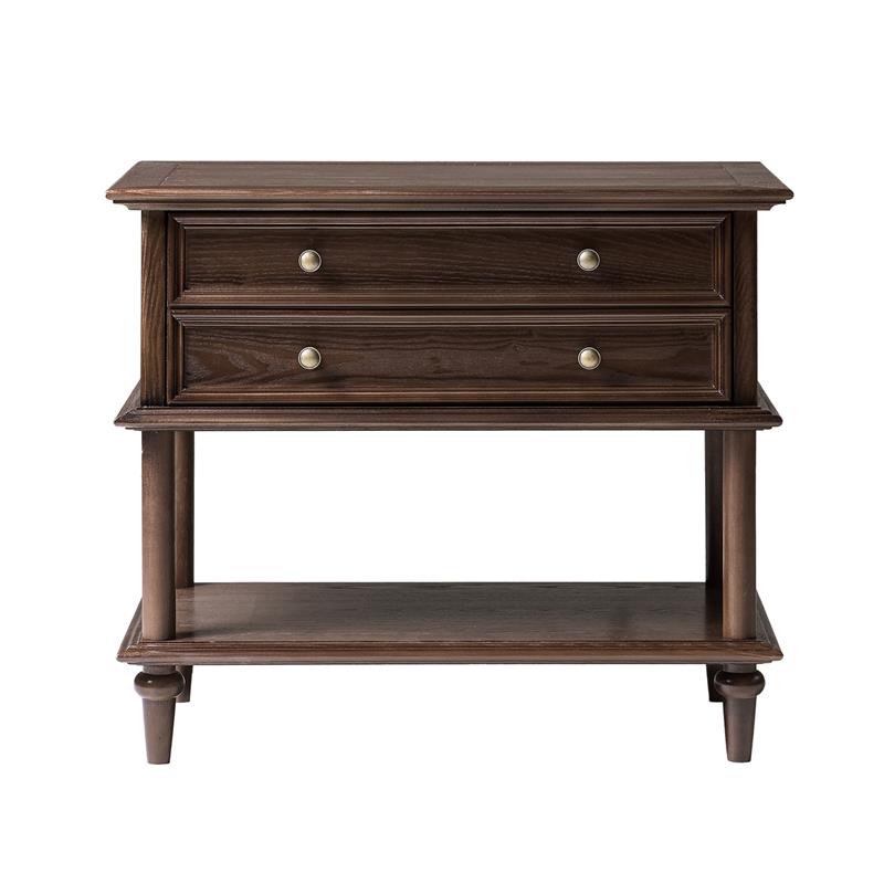 Table de chevet en placage de frêne avec façade à double tiroir factice, 1 tiroir et étagère ouverte | Noyer/Chêne | Simple