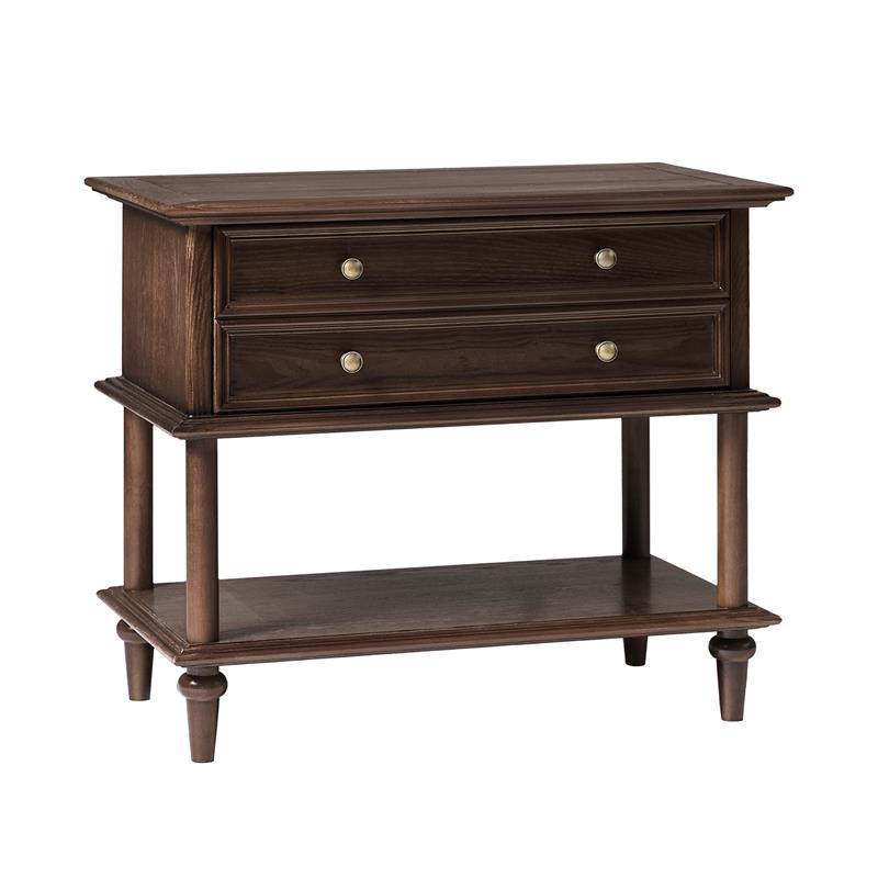 Table de chevet en placage de frêne avec façade à double tiroir factice, 1 tiroir et étagère ouverte | Noyer/Chêne | Simple