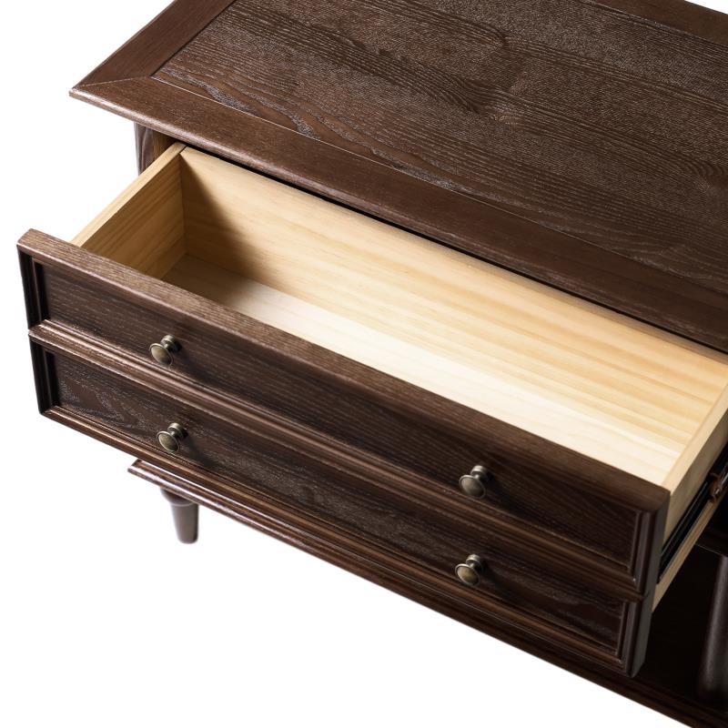 Table de chevet en placage de frêne avec façade à double tiroir factice, 1 tiroir et étagère ouverte | Noyer/Chêne | Simple