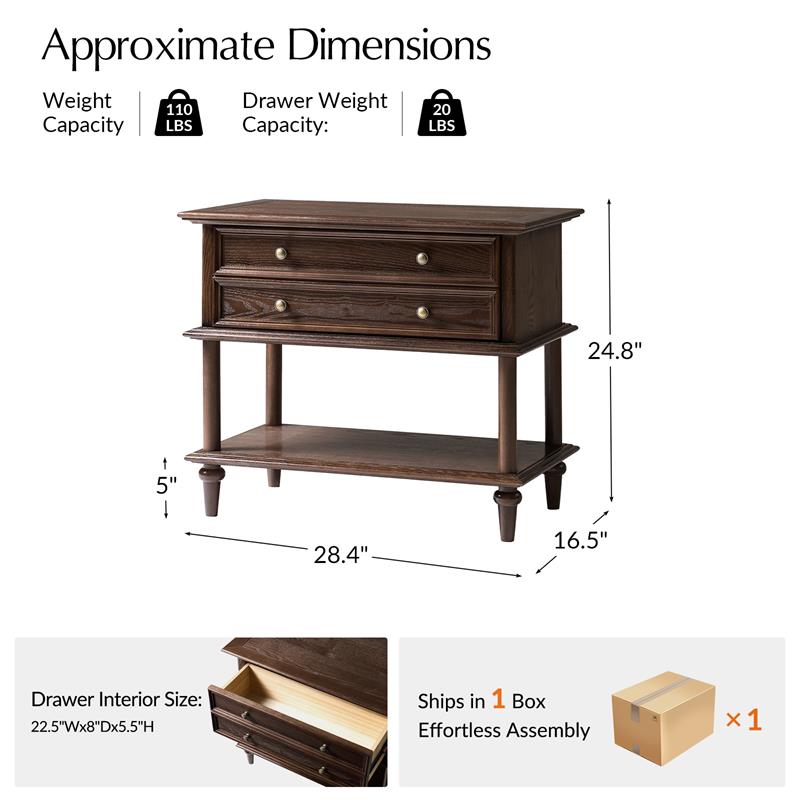 Table de chevet en placage de frêne avec façade à double tiroir factice, 1 tiroir et étagère ouverte | Noyer/Chêne | Simple