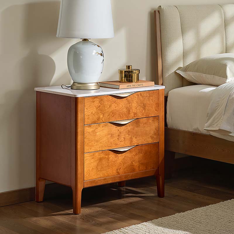 Table de chevet à 3 tiroirs avec plateau en marbre, prise de courant, ports USB et finition en placage de bois | Chêne / Noir | Simple