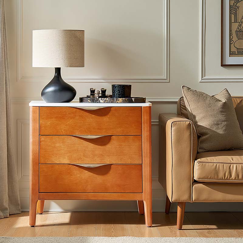 Table de chevet à 3 tiroirs avec plateau en marbre, prise de courant, ports USB et finition en placage de bois | Chêne / Noir | Simple