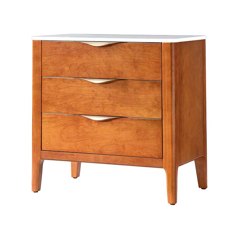 Table de chevet à 3 tiroirs avec plateau en marbre, prise de courant, ports USB et finition en placage de bois | Chêne / Noir | Simple