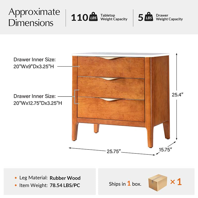 Table de chevet à 3 tiroirs avec plateau en marbre, prise de courant, ports USB et finition en placage de bois | Chêne / Noir | Simple